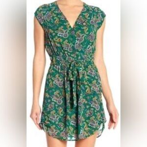 DR2 Daniel Rainn Women's S Green Paisley Faux Wrap Tie Waist Mini Dress POCKETS